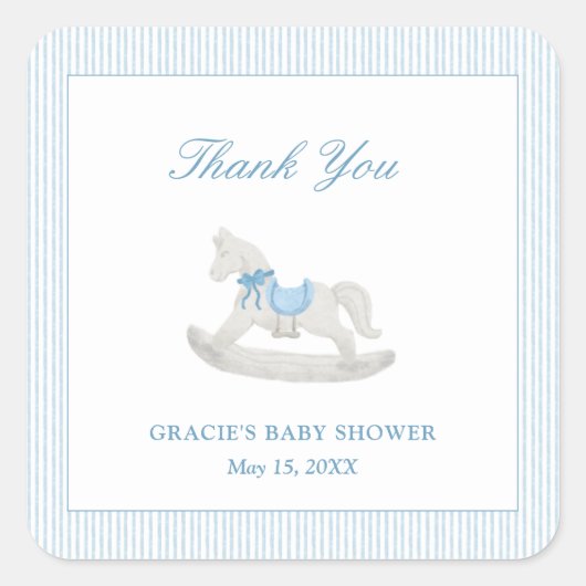 Blue Rocking Horse Boy Baby shower Dank je wel Vierkante Sticker (Voorkant)