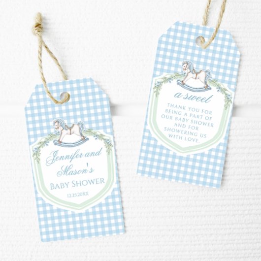 Blue rocking horse gingham baby shower dank u cadeaulabel