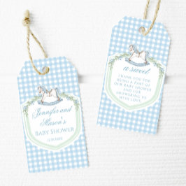 Blue rocking horse gingham baby shower dank u cadeaulabel