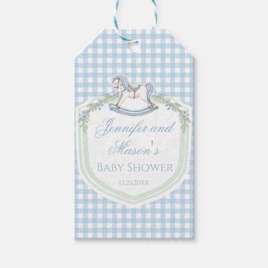 Blue rocking horse gingham baby shower dank u cadeaulabel (Voorkant)