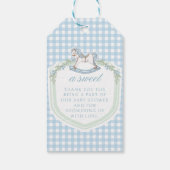 Blue rocking horse gingham baby shower dank u cadeaulabel (Achterkant)
