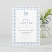Blue Rocking Horse Gingham Border Boy Baby shower Kaart (Staand voorkant)