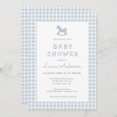 Blue Rocking Horse Gingham Border Boy Baby shower Kaart (Voorkant / Achterkant)