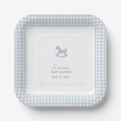 Blue Rocking Horse Gingham Border Boy Baby shower Papieren Bordje (Voorkant)