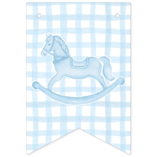 Blue Rocking Horse Gingham Boy Baby Banner (Tweede vlag)