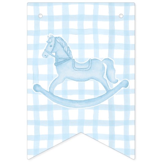 Blue Rocking Horse Gingham Boy Baby Banner (Eerste vlag)