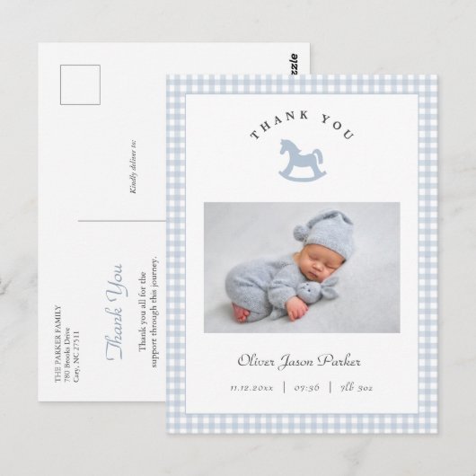 Blue Rocking horse Gingham Boy Birth Announcement Briefkaart (Voorkant / Achterkant)
