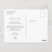 Blue Rocking horse Gingham Boy Birth Announcement Briefkaart (Achterkant)