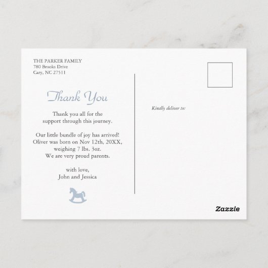 Blue Rocking horse Gingham Boy Birth Announcement Briefkaart (Achterkant)