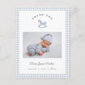 Blue Rocking horse Gingham Boy Birth Announcement Briefkaart (Voorkant)
