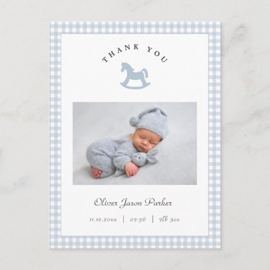 Blue Rocking horse Gingham Boy Birth Announcement Briefkaart (Voorkant)