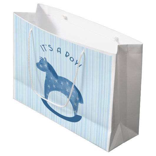 Blue Rocking Horse "Het is een jongen" Gift Bag Groot Cadeauzakje (Voorkant Gekanteld)