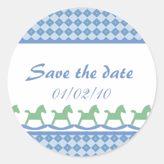 Blue Rocking Horse Save the Date Stickers (Voorkant)