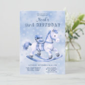 Blue Rocking Paard Uitnodiging voor verjaardag (Staand voorkant)