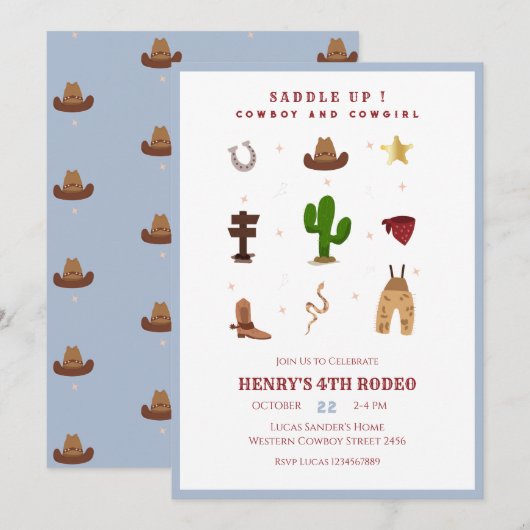Blue Rodeo CowBoy Kids Uitnodiging voor verjaardag (Voorkant / Achterkant)