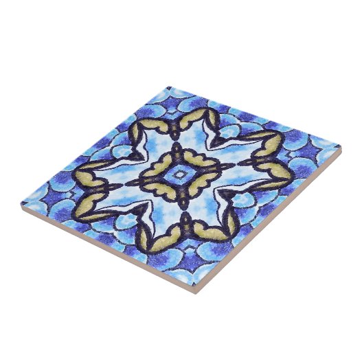 Blue Romantic Moroccan Abstract Floral Pattern Tegeltje (Zijkant)