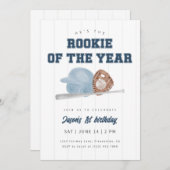 Blue Rookie of the Year Baseball First Birthday Kaart (Voorkant / Achterkant)