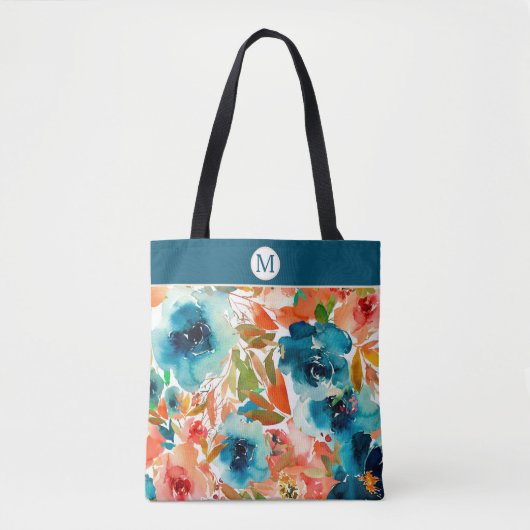 Blue Roos Autumn Floral Monogram Tote Bag (Voorkant)