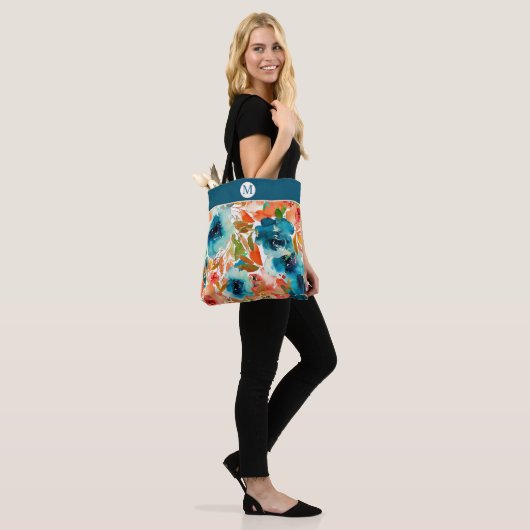 Blue Roos Autumn Floral Monogram Tote Bag (Op model)