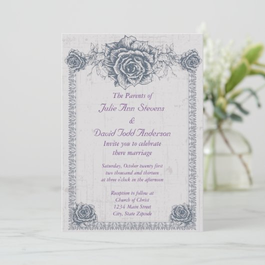 Blue  Roos Border Wedding Kaart (Staand voorkant)