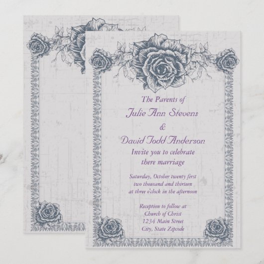 Blue  Roos Border Wedding Kaart (Voorkant / Achterkant)