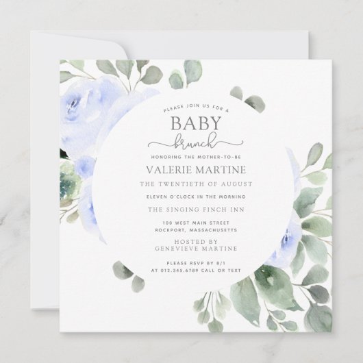 Blue Roos Botanical Baby Brunch Invitation Kaart (Voorkant)