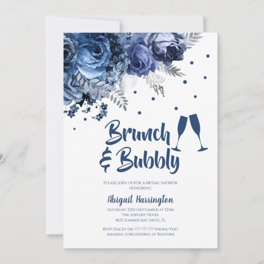 Blue Roos Brunch & Bubbly Bruids Douche Uitnodigin Kaart (Voorkant)