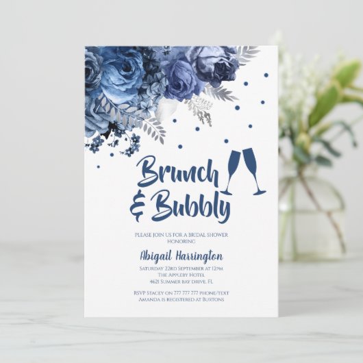 Blue Roos Brunch & Bubbly Bruids Douche Uitnodigin Kaart (Staand voorkant)