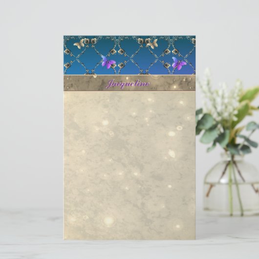 Blue Roos Butterflies w/Name Stationery Briefpapier (Staand voorkant)