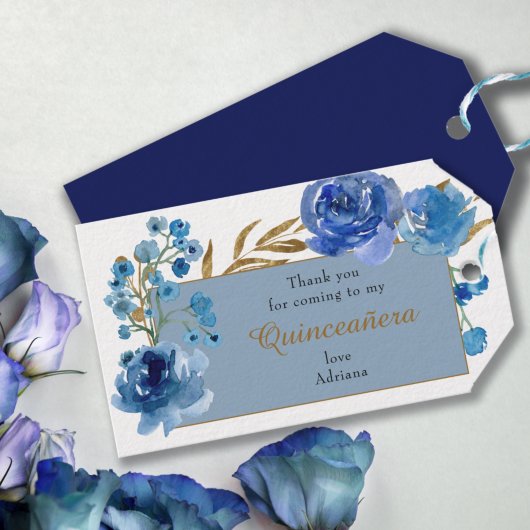 Blue Roos en Gold Leaf Quinceanera Hartelijk dank Cadeaulabel