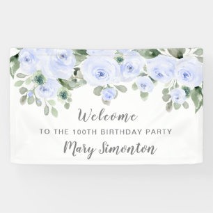 Blue Roos Floral 100 Birthday Party Welcome Spandoek