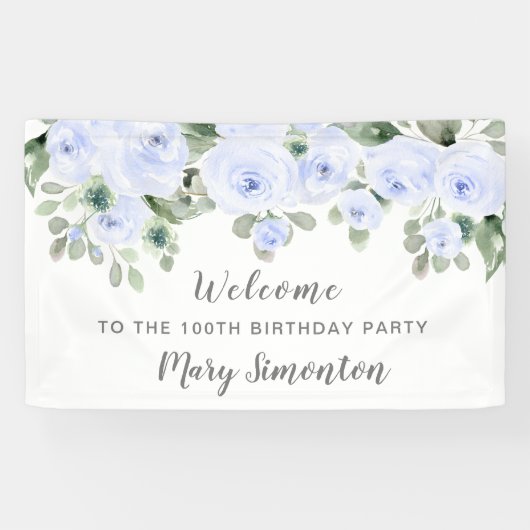 Blue Roos Floral 100 Birthday Party Welcome Spandoek (Horizontaal)