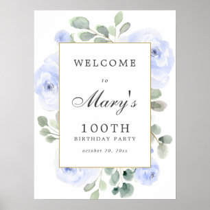 Blue Roos Floral 100th Birthday Welcome Sign Poster