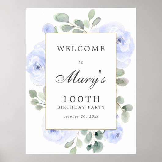 Blue Roos Floral 100th Birthday Welcome Sign Poster (Voorkant)