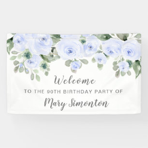 Blue Roos Floral 90 Birthday Party Welcome Banner