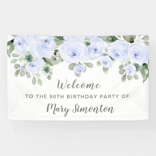 Blue Roos Floral 90 Birthday Party Welcome Banner (Horizontaal)