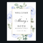Blue Roos Floral 90th Birthday Welcome Sign Poster<br><div class="desc">Welkom gasten op je 90e verjaardagsfeestje met dit elegante,  stoffige blauwe roos en eucalyptus welkomstteken. Uw welkomstverklaring wordt omringd door een dun gouden lijst. Zachte zadelgroene eucalyptusbladeren en grote ivoorwitte rozen versieren het.</div>