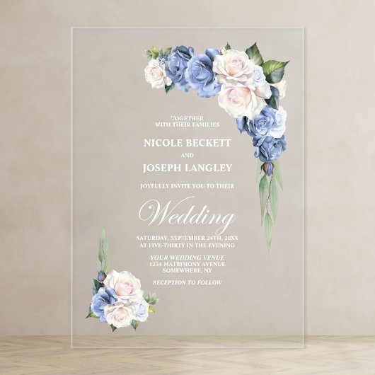 Blue Roos Floral Wedding Acryl Uitnodigingen