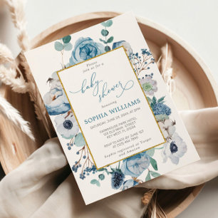 Blue Roos Flowers Baby shower Invitation Kaart