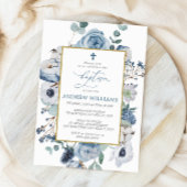 Blue Roos Flowers Baptism Invitation Kaart