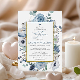 Blue Roos Flowers Baptism Invitation Kaart