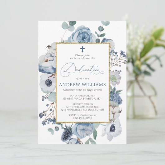 Blue Roos Flowers Dedication Invitation Kaart (Staand voorkant)