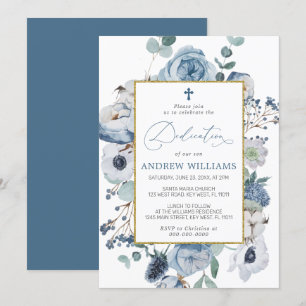 Blue Roos Flowers Dedication Invitation Kaart