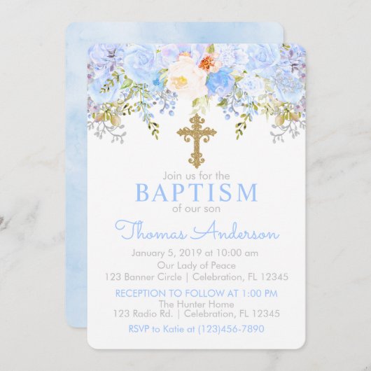 Blue Roos Garden Baptism Invitation Kaart (Voorkant / Achterkant)