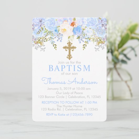Blue Roos Garden Baptism Invitation Kaart (Staand voorkant)