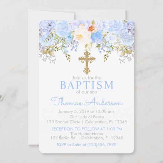 Blue Roos Garden Baptism Invitation Kaart (Voorkant)