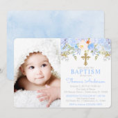 Blue Roos Garden Baptism Photo Invitation Kaart (Voorkant / Achterkant)