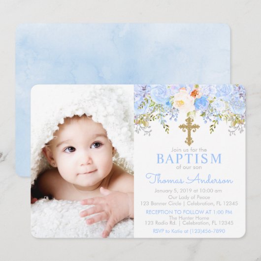 Blue Roos Garden Baptism Photo Invitation Kaart (Voorkant / Achterkant)