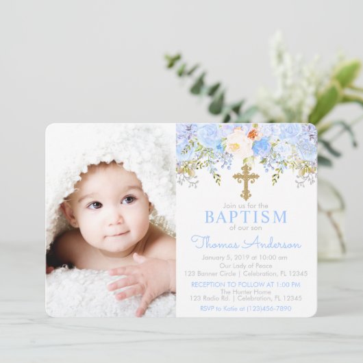 Blue Roos Garden Baptism Photo Invitation Kaart (Staand voorkant)