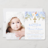 Blue Roos Garden Baptism Photo Invitation Kaart (Voorkant)